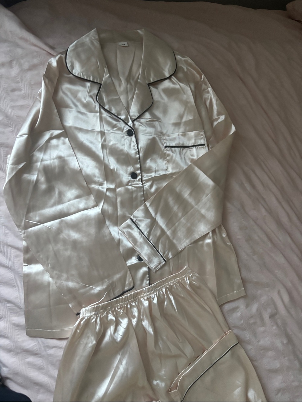 Satin like Cream Pajama Set with Black Piping - Women's Sleepwear